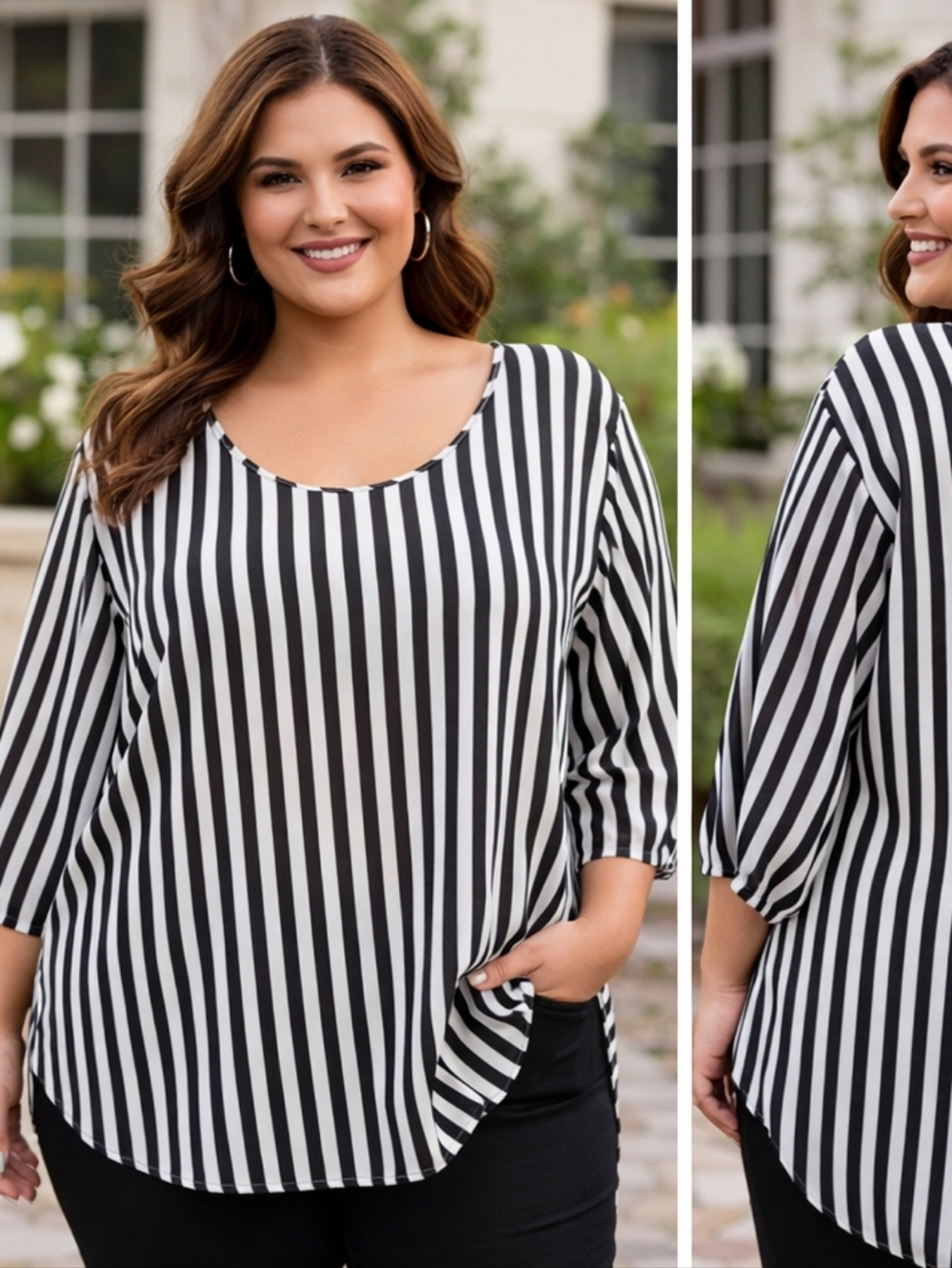 Cato Plus‎ Size 26/28W Black White Stripe Blouse Bow Back Ruffle Detail